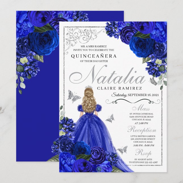 Invitation Royal Blue Silver Princess Butterflies Quinceañera (Devant / Derrière)
