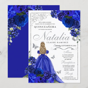 Invitation Royal Blue Silver Princess Butterflies Quinceañera