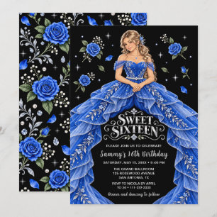 Invitation Royal Blue Silver Rose Sweet Sixteen Anniversaire