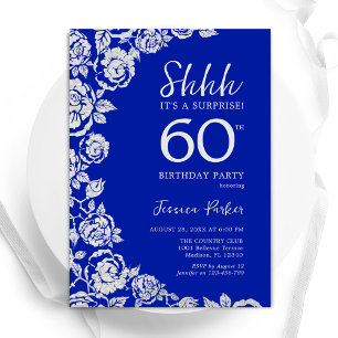 Invitation Royal Blue Silver Roses Surprise 60e anniversaire