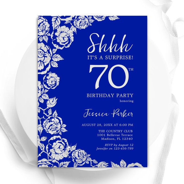 Invitation Royal Blue Silver Roses Surprise 70e anniversaire (Créateur téléchargé)
