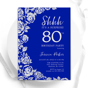 Invitation Royal Blue Silver Roses Surprise 80e anniversaire