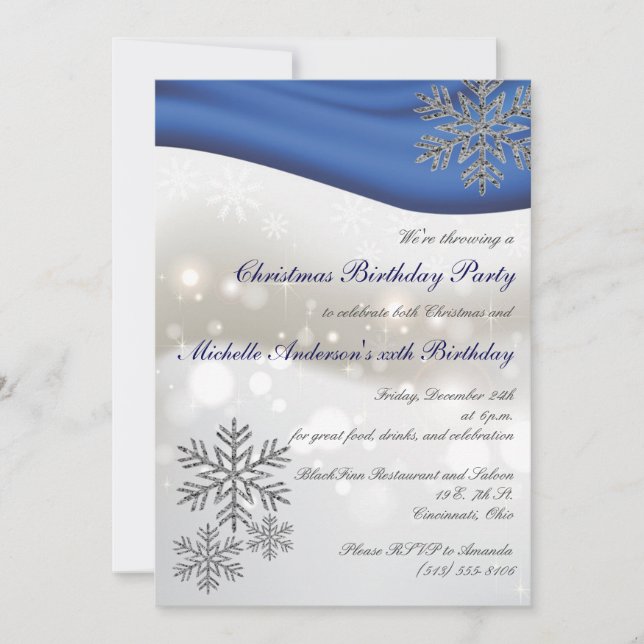 Invitation Royal Blue Silver Snowflakes Noël B jour fête (Devant)