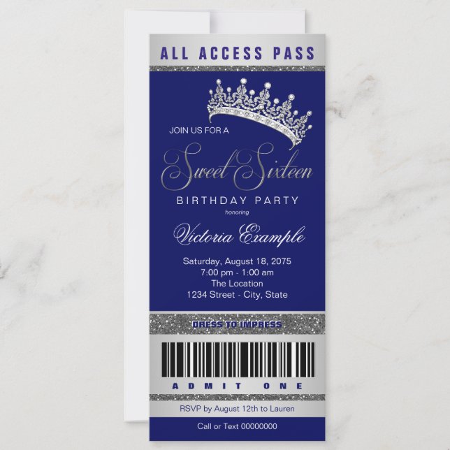 Invitation Royal Blue Silver Sweet 16 (Devant)