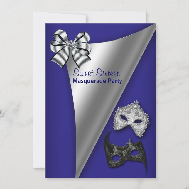 Invitation Royal Blue Silver Sweet sixteen Masquerade Party (Devant)