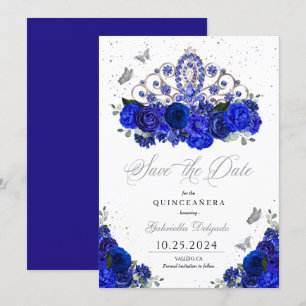 Invitation Royal Blue Silver Tiara Enregistrer La Date Quince