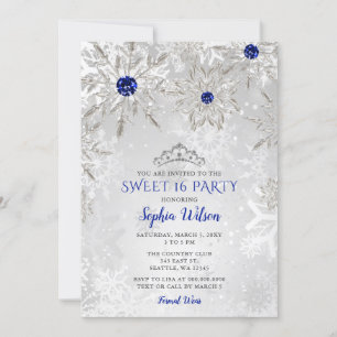 Invitation Royal Blue Snowflakes Tiara Sweet 16
