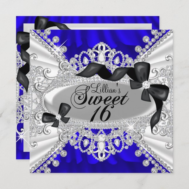 Invitation Royal Blue Sparkle Diamond & Bow Sweet 16 Invitati (Devant / Derrière)