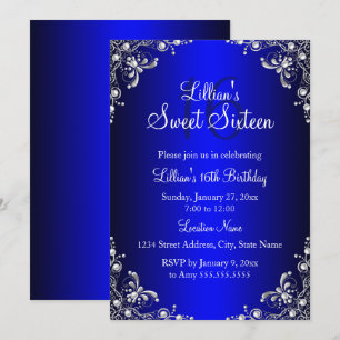 Invitation Royal Blue Sweet 16 Argent Perle Damassé