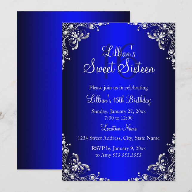 Invitation Royal Blue Sweet 16 Silver Pearl Damask (Devant / Derrière)