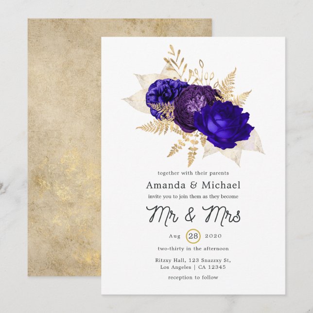 Invitation Royal Blue, violet et or Mariage Floral (Devant / Derrière)