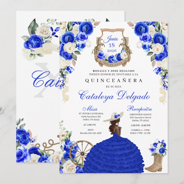 Invitation Royal Blue Western Fairytale Princess Quinceañera (Devant / Derrière)