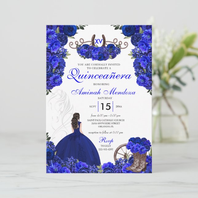 Invitation Royal Blue Western Princesse Charro Quinceanera (Debout devant)