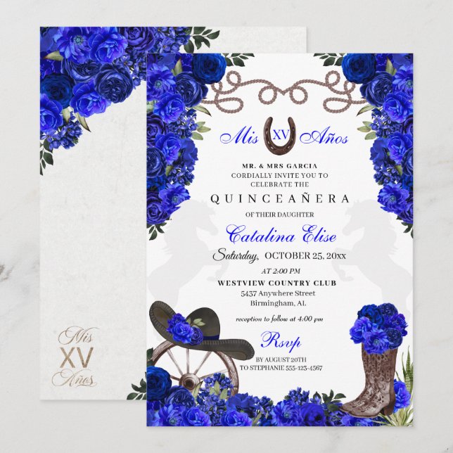 Invitation Royal Blue Western Ranchero Quinceanera (Devant / Derrière)