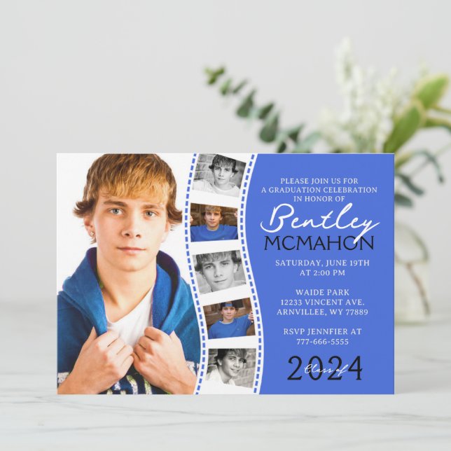 Invitation Royal Blue & White Filmstrip 6 Photo Graduation En (Debout devant)