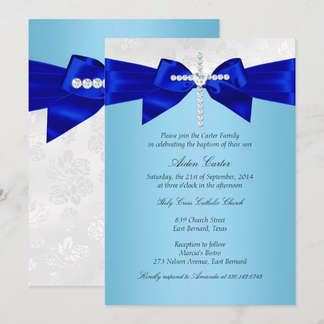 Invitation Royal Blue White Silver Cross Garçons Baptême (Devant / Derrière)
