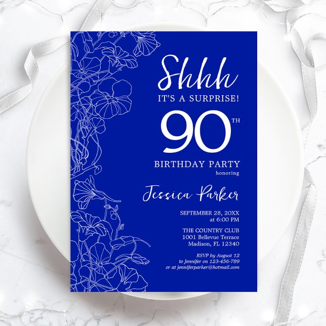 Invitation Royal Blue White Surprise 90e anniversaire (Créateur téléchargé)