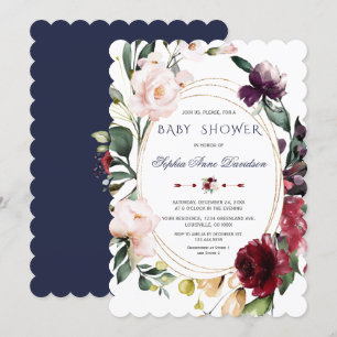 Invitation Royal Bourgogne Blush Flowers Blue Gold Mariage
