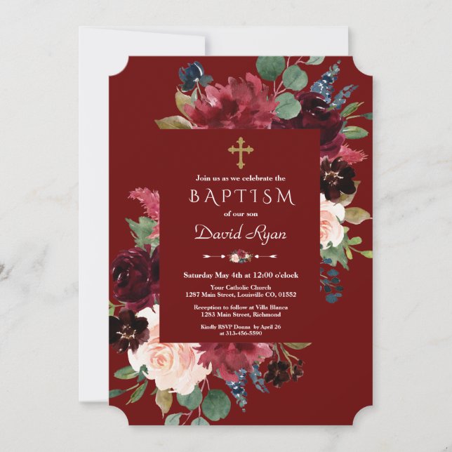 Invitation Royal Bourgogne Blush Flowers Gold Cross Baptême (Devant)