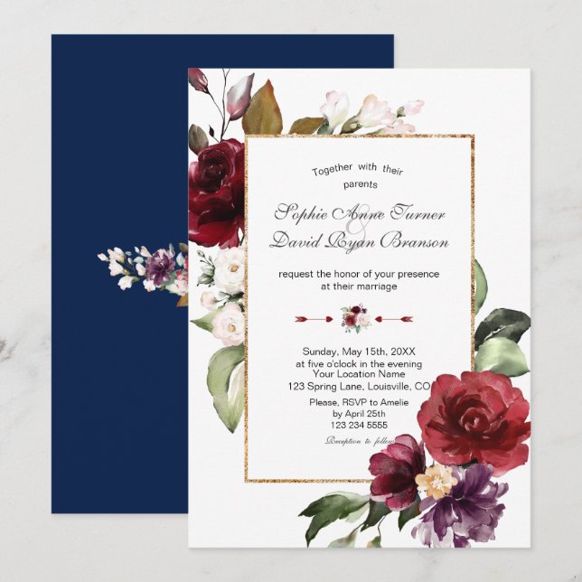 Invitation Royal Bourgogne Blush Flowers Mariage or (Devant / Derrière)