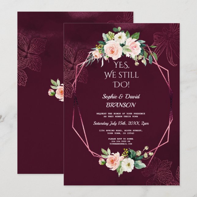 Invitation Royal Bourgogne Blush Flowers Vow Renouvellement (Devant / Derrière)