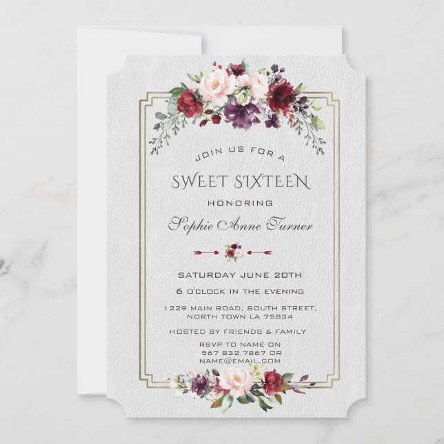Invitation Royal Bourgogne Fleurs Or Sweet sixteen de cadre O (Devant)