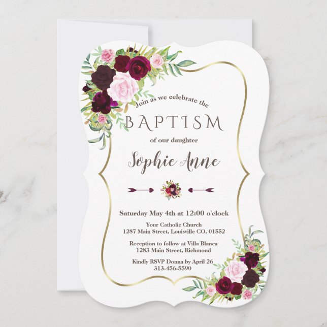 Invitation Royal Bourgogne Marsala Floral Gold Girl Baptism (Devant)