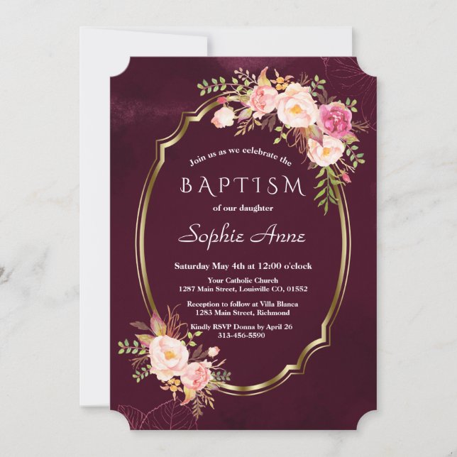 Invitation Royal Bourgogne rose Floral Frame Girl Baptême (Devant)