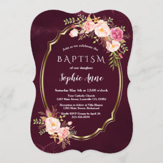 Invitation Royal Bourgogne rose Floral Frame Girl Baptême