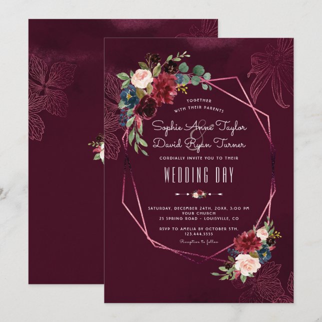 Invitation Royal Burgundy Blush Floral Mariage géométrique (Devant / Derrière)