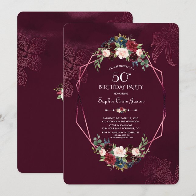 Invitation Royal Burgundy Floral Géométrique 50e anniversaire (Devant / Derrière)
