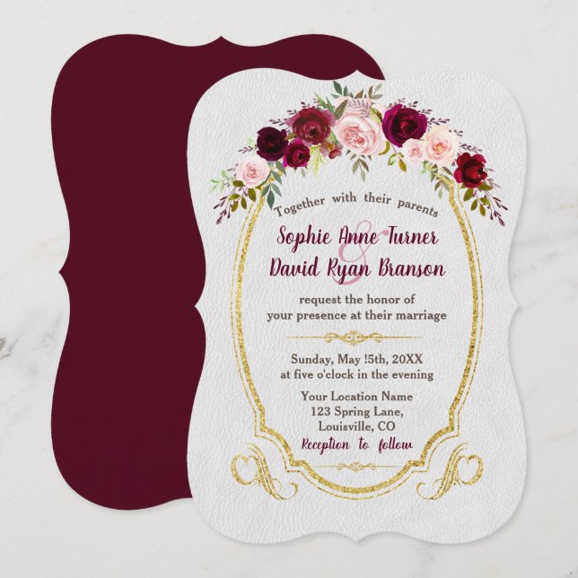Invitation Royal Burgundy Gold Marsala Floral Mariage (Devant / Derrière)