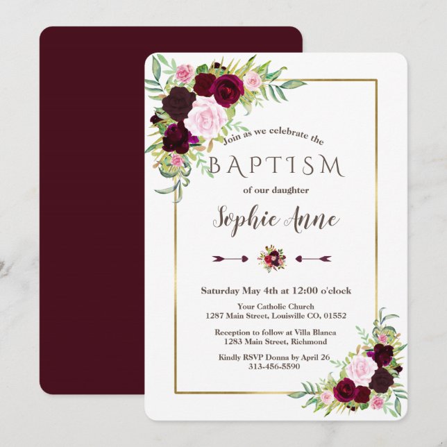 Invitation Royal Burgundy Marsala Floral Girl Baptism Invitat (Devant / Derrière)