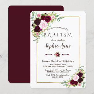 Invitation Royal Burgundy Marsala Floral Girl Baptism Invite