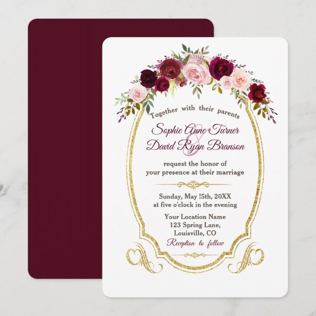 Invitation Royal Burgundy Marsala Floral Mariage de automne (Devant / Derrière)