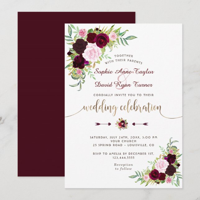 Invitation Royal Burgundy Marsala Floral Mariage or (Devant / Derrière)