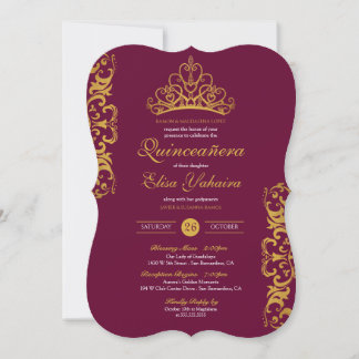 Invitation Royal Burgundy Plum Or Elégante Couronne Quinceañe
