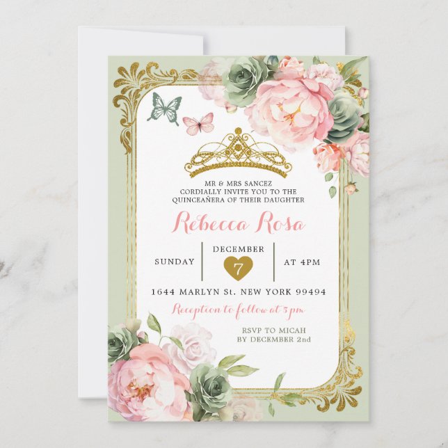 Invitation Royal Crown Sage Vert clair rose Quinceañera (Devant)