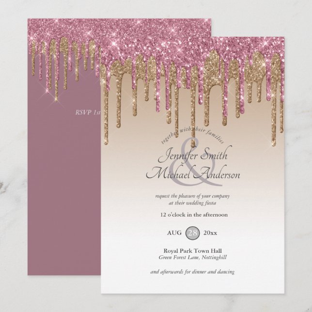Invitation Royal Elegance PINK OR Parties scintillant à goutt (Devant / Derrière)