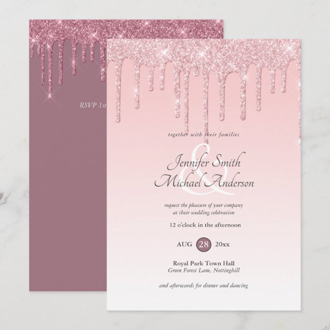 Invitation Royal Elegance ROSE ROSE OR Parties scintillant Ma (Devant / Derrière)