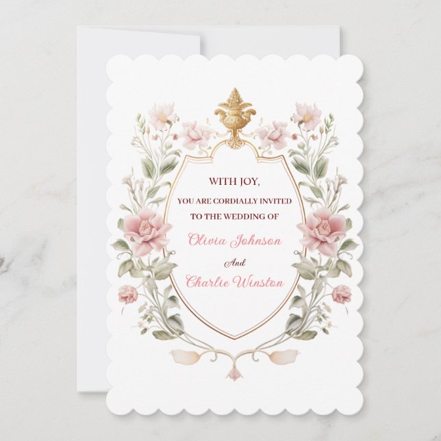 Invitation Royal Elegance Wedding Pink Florals Golden Crest (Devant)
