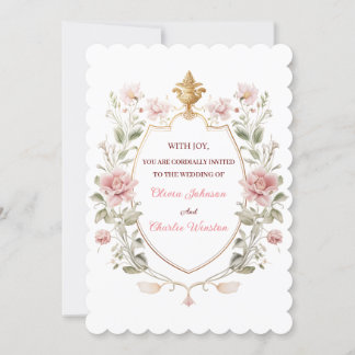 Invitation Royal Elegance Wedding Pink Florals Golden Crest