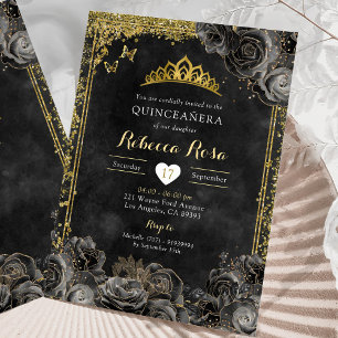 Invitation Royal Elegant or et Rose noir Quinceañera
