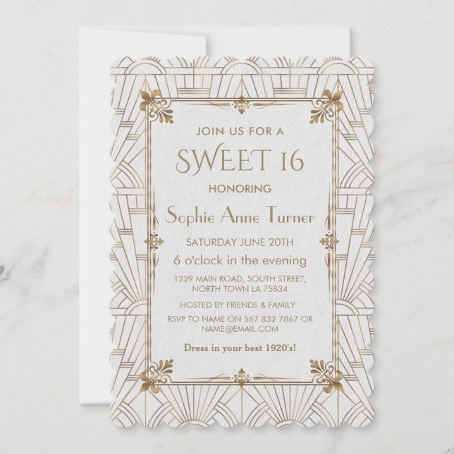 Invitation Royal Fleur-de-Lis Art Déco Or Blanc SWEET 16 (Devant)