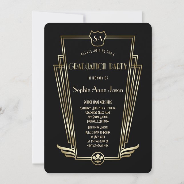 Invitation Royal Gold Art Déco Monogramme Graduation Party (Devant)