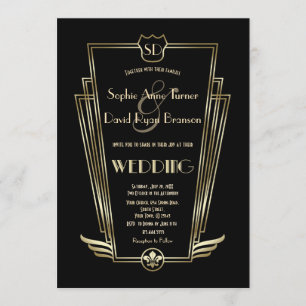 Invitation Royal Gold Art Déco Monogramme Noir Mariage Invita
