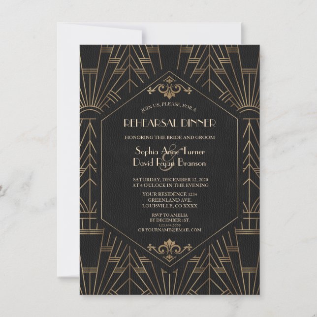 Invitation Royal Gold Black Great Gatsby Dîner de répétition  (Devant)