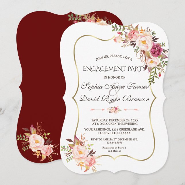 Invitation Royal Gold Blush rose Floral Bourgogne Fiançailles (Devant / Derrière)