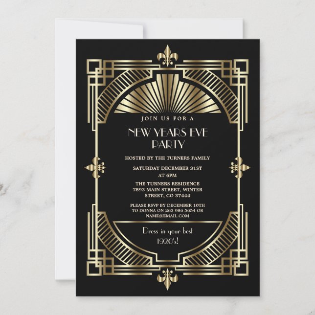 Invitation Royal Gold Fleur-de-lis Art déco fête du Nouvel An (Devant)