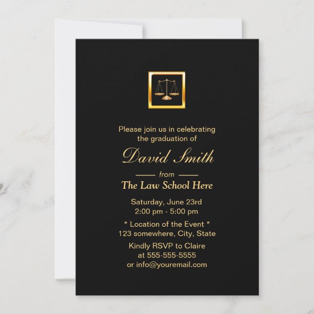 Invitation Royal Gold Justice Scale Law School Graduation (Devant)